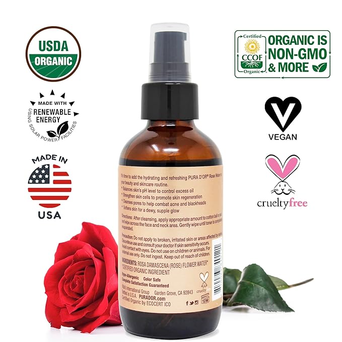 PURA D'OR Organic Rose Water Toner (4oz / 118mL) Eau Fraiche, 100% Pure Full Skin Hydration, Control Excess Oils & Acne - Cleanses & Softens - Promotes Healthy Skin Cell - for All Skin Types-FemmiqueWomen