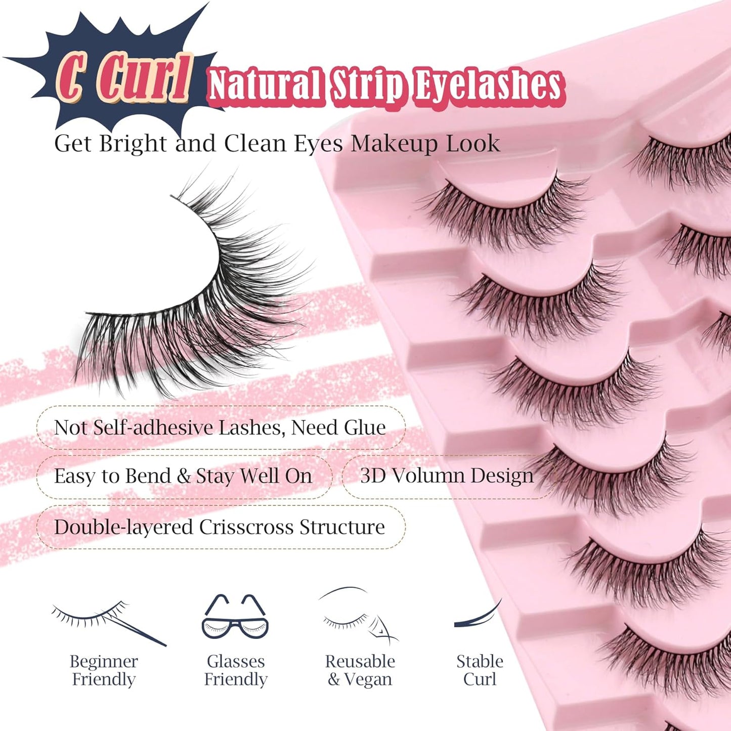 Natural Lashes Eyelashes Wispy 12mm False Lashes Soft Strip Lashes 3D Volume Eyelashes Thin Cotton Band Natural Eye Lashes C Curl Eyelash Siligli Lash Pack 7 Pair-FemmiqueWomen