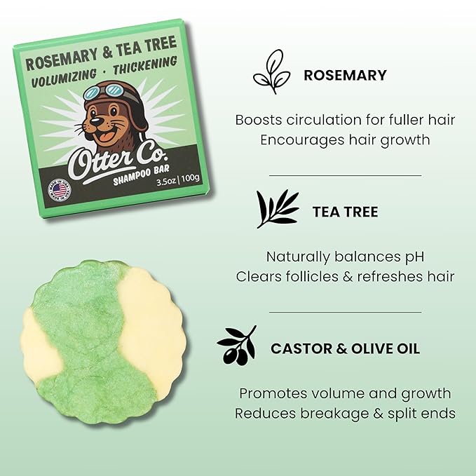 Otter co. Tea Tree and Rosemary Volumizing and Thickening Shampoo Bar - Olive Oil, Green Tea, Nettle, Zinc – Vegan, Sulfate Free & Non Toxic – Women and Mens Shampoo, All Hair Types, Made in USA-FemmiqueWomen