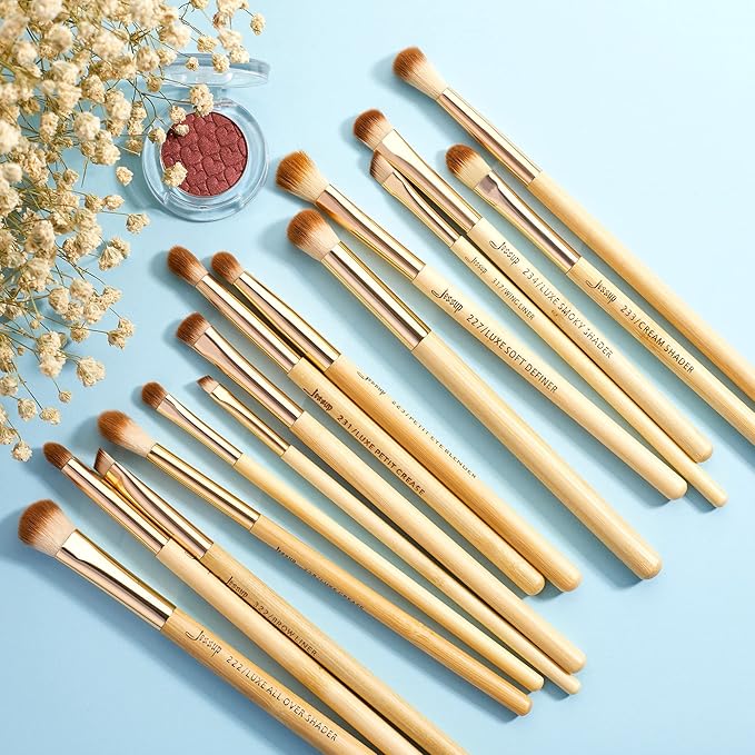 Jessup Eye Makeup Brushes Set, Premium Synthetic Eyeshadow Blending Concealer Eyebrow Eyeliner Brush, 15pcs Labeled Bamboo Make Up Brushes T137-FemmiqueWomen