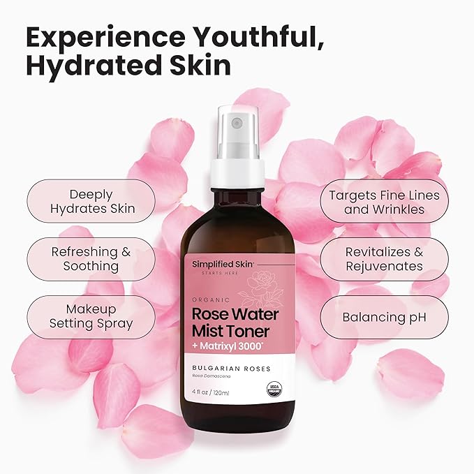 Rose Water Spray for Face with Matrixyl 3000 - Organic Rosewater Face Mist with Aloe Vera & Hyaluronic Acid - Hydrating, Reduces Fine Lines, Boosts Collagen Production, & Soothes Skin - 4 Fl Oz-FemmiqueWomen