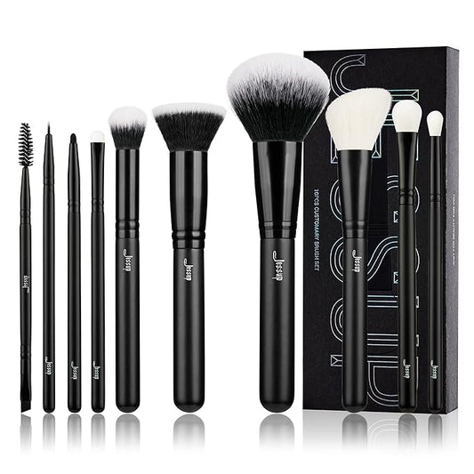 Jessup Makeup Brush Set 10pcs Black Make up Brushes Set Professional with Natural Synthetic Hair for Foundation Blending Blush Concealer Eyeshadow Eyebrow Eyeliner, T323-FemmiqueWomen