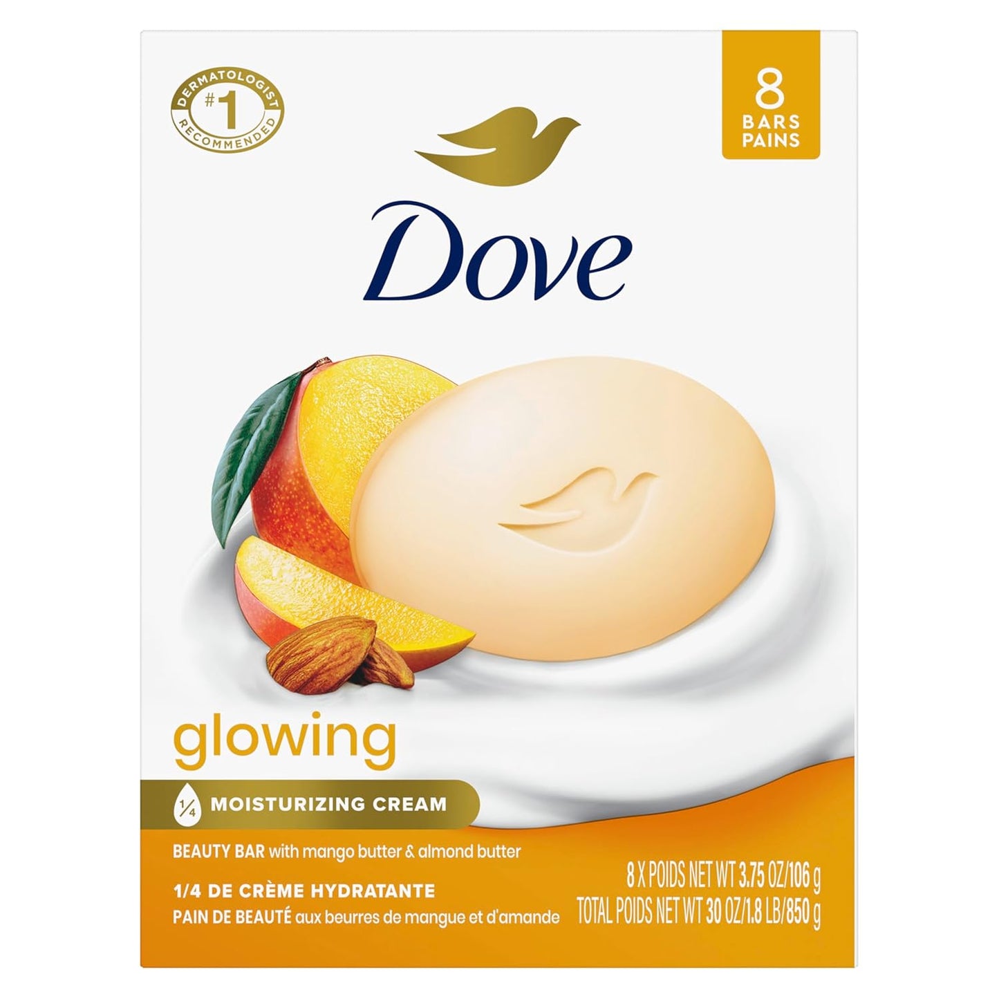 Dove Beauty Bar Soap Glowing Mango & Almond Butters, 8 Bars for Radiant Skin, Illuminates Skin 3.75 oz-FemmiqueWomen