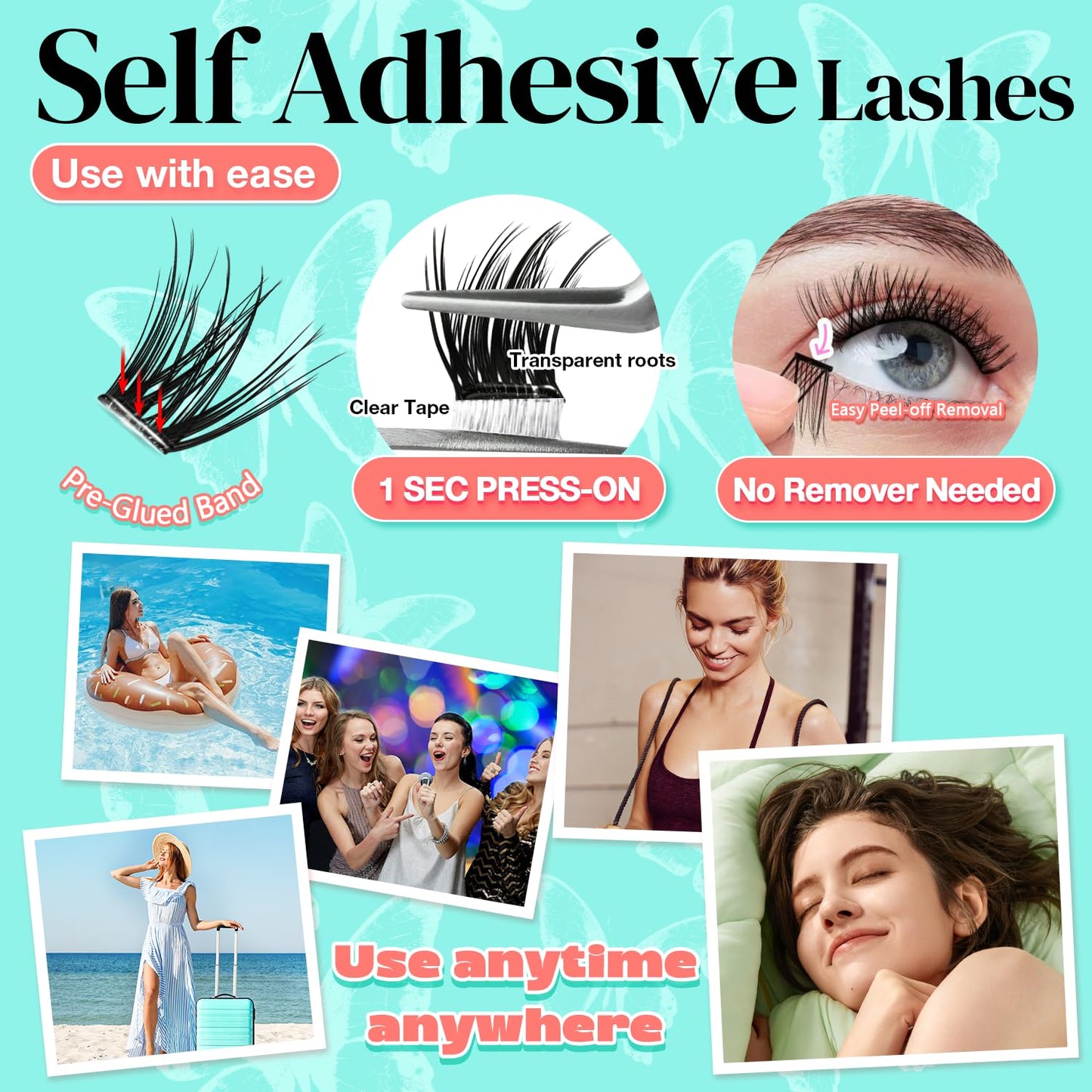 No Glue Needed Lashes, Self Adhesive Eyelashes, DIY Lash Cluster Eyelash Extensions Kit 10‑18mm,120pcs Fluffy D Curl Soft Natural Lashes with Tweezers–Fake Cat Eye Wispy Individual Clusters(NGDY81)-FemmiqueWomen