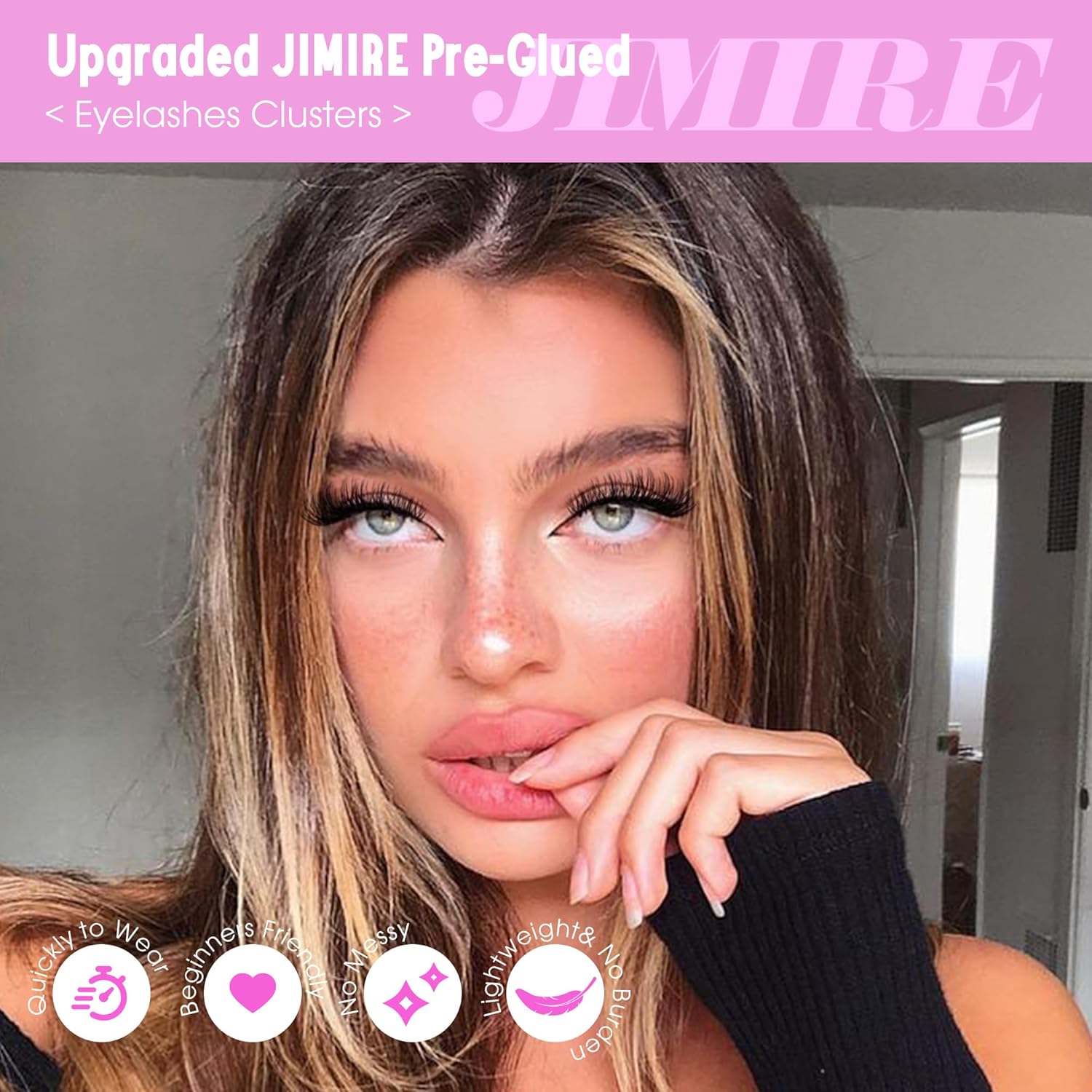 JIMIRE Self Adhesive Eyelashes Natural Wispy 8-16MM Pre Glued Lash Clusters No Glue Needed Press on Lashes Reusable Self Adhesive Lashes Classic Eyelash Clusters Easy to Apply-FemmiqueWomen