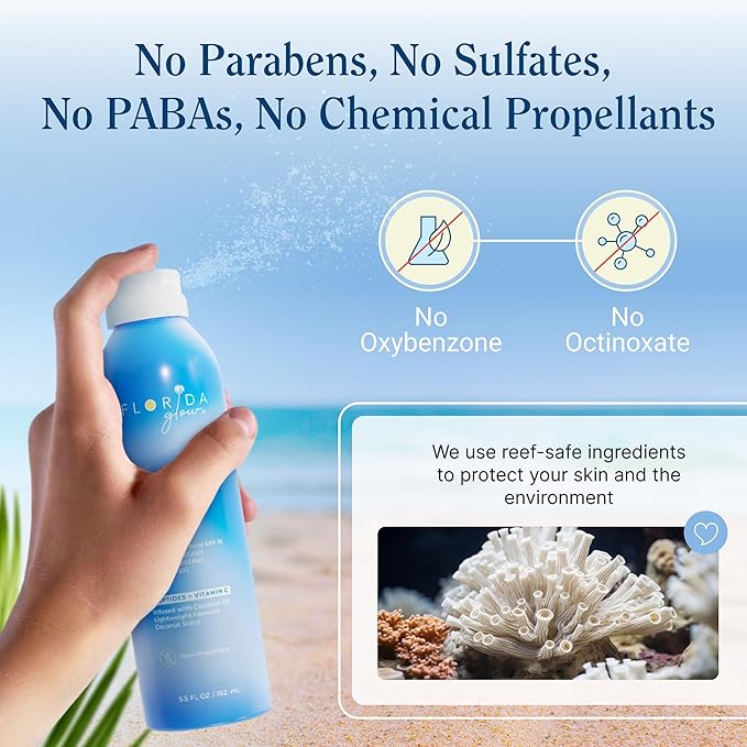 Florida Glow SPF 15 Sunscreen Spray - Hawaii 104 Reef Act & Florida Keys Compliant, Broad Spectrum, Water Resistant - Sun screen protector for face and body, PABA-Free & Oxybenzone Free (5.5 Fl Oz)-FemmiqueWomen