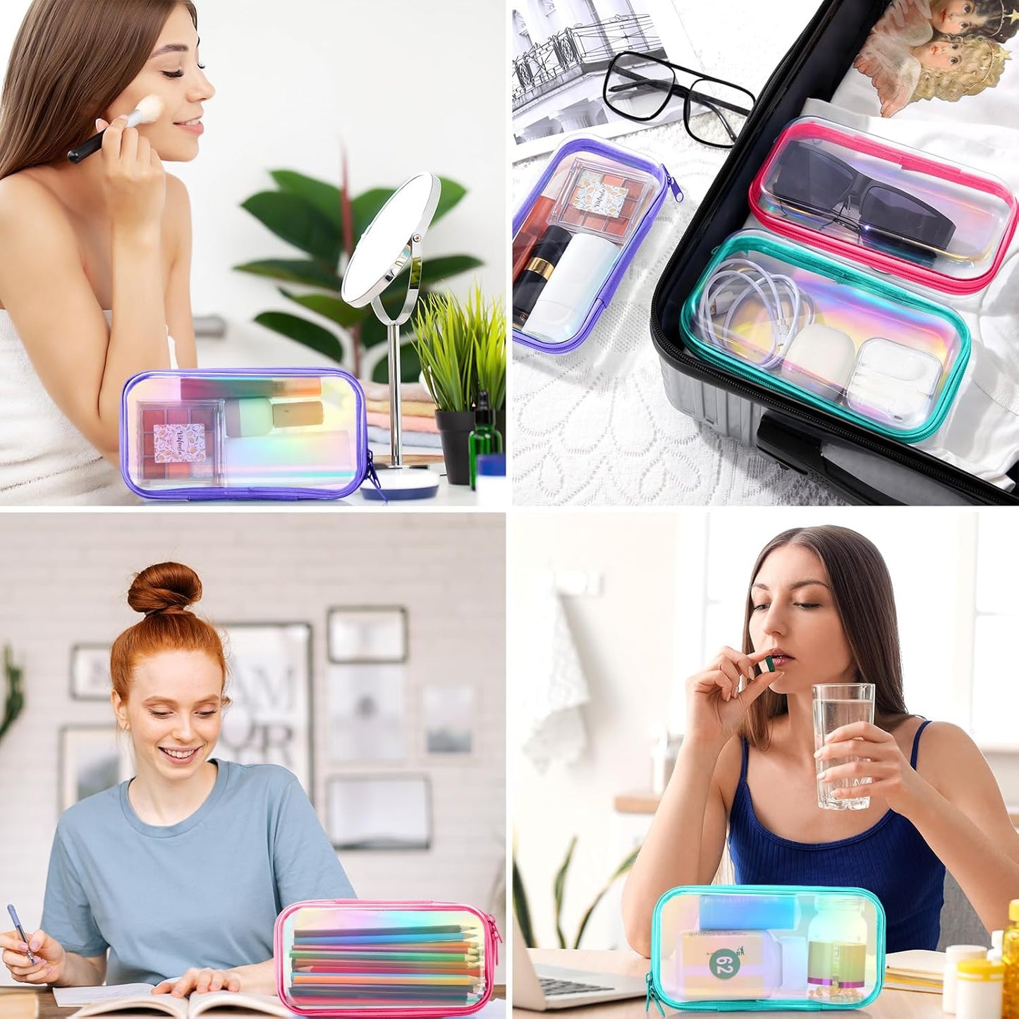 Hoolerry 3 Pcs Clear Hard Zipper Case Plastic Pouch Transparent Hard Case Clear Makeup Bag Portable Travel Organizer Bin for Cosmetics, Building Blocks, Puzzles(Laser,S)-FemmiqueWomen
