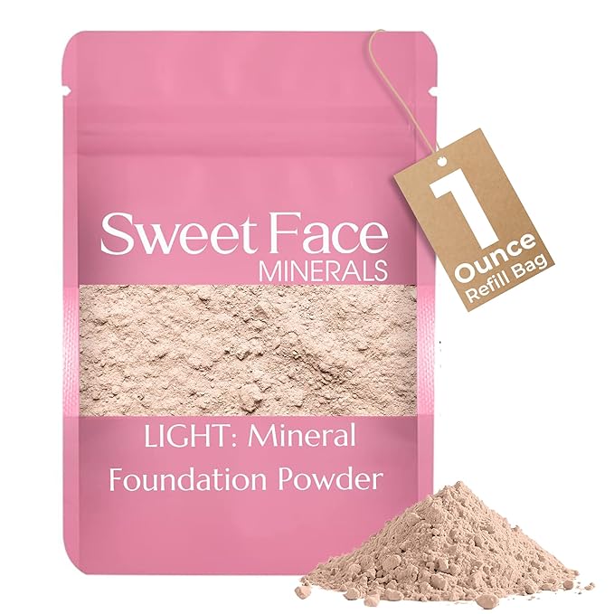 1 Ounce Light Foundation Powder Refill By Sweet Face Minerals, Lightweight Mineral Loose Makeup Powder with SPF 20, Full Coverage Flawless Finish, Talc-free, Cruelty-Free, Refillable Pouch-FemmiqueWomen