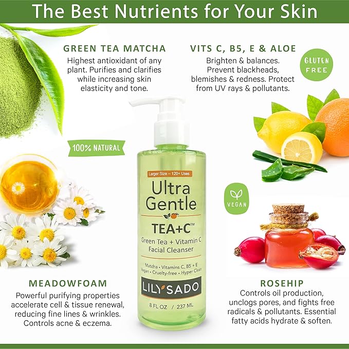 LILY SADO TEA+C™ Green Tea & Vitamin C Face Cleanser – Natural Vegan Antioxidant Daily Face Wash with Aloe, Rosehip, Meadowfoam - Gentle Deep Cleansing for Acne, Blackheads, Blemishes. 8 oz-FemmiqueWomen
