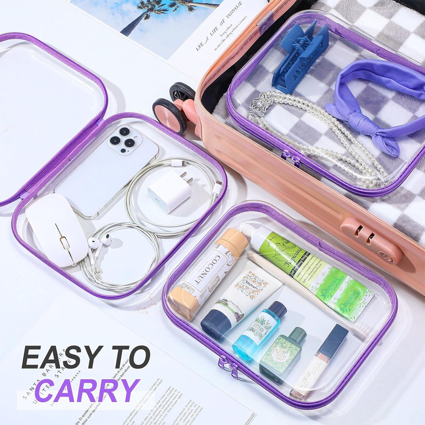 Sanwuta 6 Pcs Clear Hard Zipper Case Pencil Pouches Hard Plastic Zipper Pouches Makeup Bag Transparent Cases for Snacks Plastic Storage Organizer Box for Travel(Purple,9.84 x 7.87 x 2 Inch)-FemmiqueWomen