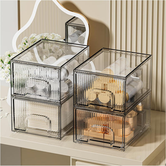 ZHIAI 4 Pack Clear Stackable Storage Drawer, Acrylic Drawer, Cosmetic Organizer, Plastic Organizer for Dresser, Under, Kitchen Cabinet, Pantry, Home Organization and Storage-FemmiqueWomen