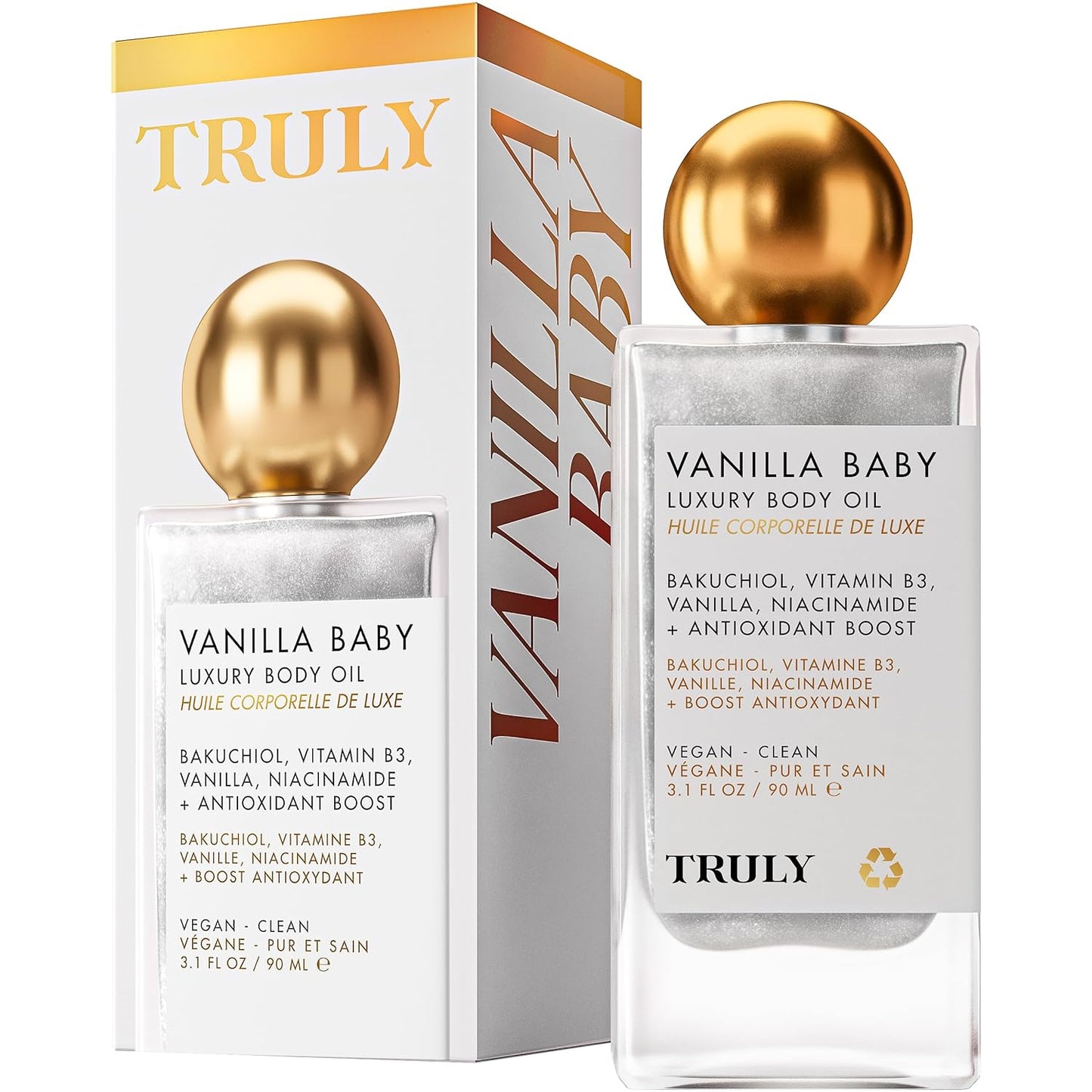 Truly Beauty Vanilla Baby Luxury Body Oil | Plumping Body Shimmer Oil for Hydration & Firmness | With Bakuchiol & Niacinamide for Collagen Boost | Vanilla, Pear & Caramel Scent | Radiant Glow-FemmiqueWomen