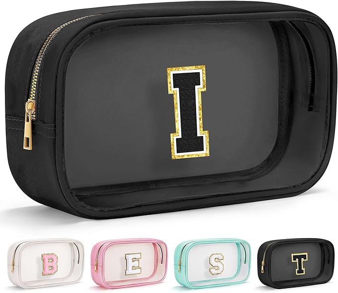 YOOLIFE Initial Make Up Bag Travel Toiletry Bag for Women, Clear Makeup Bag Organizer Cosmetic Bags Travel Essentials Gifts for Women Teen Girlfriend Teacher Mom Birthday Mothers Day Gifts Black I-FemmiqueWomen