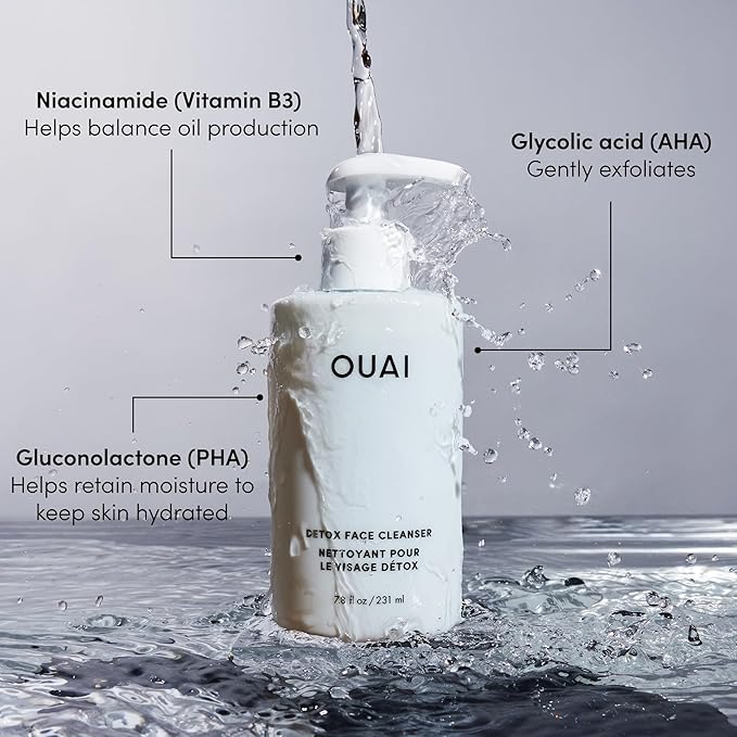 OUAI Detox Facial Cleanser - Deep Cleansing Face Wash with Glycolic Acid, Niacinamide & PHA - Removes Sweat, Dirt & Oil Without Drying - Gentle Face Cleanser for Post-Workout (7.8 Fl Oz)-FemmiqueWomen