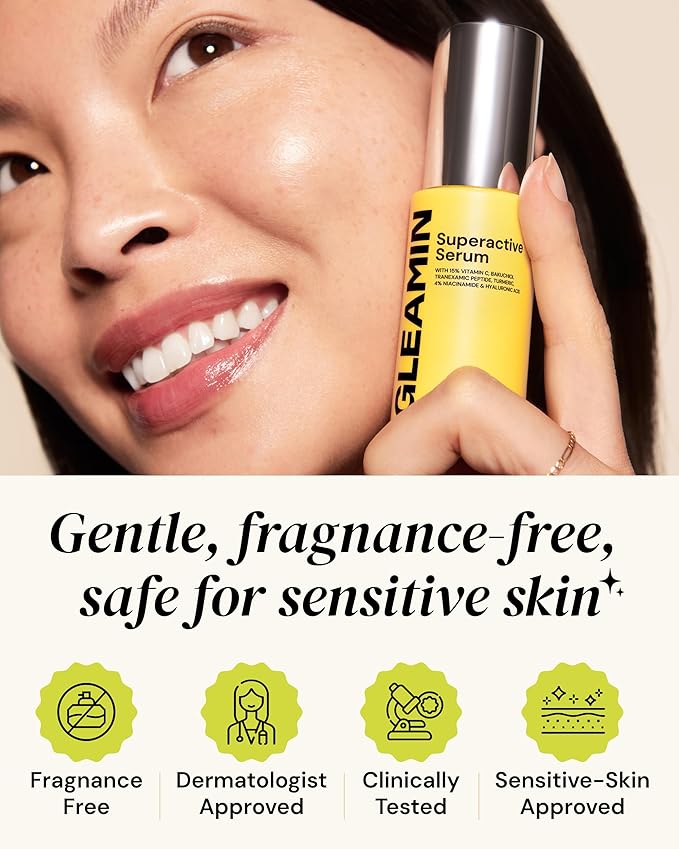Gleamin Superactive Vitamin C Serum for Face with 15% Vitamin C, Niacinamide, Bakuchiol & Hyaluronic Acid – Skin Brightening Facial Serum for Women & Men – Dark Spot Remover & Radiant Glow – 1 fl oz-FemmiqueWomen