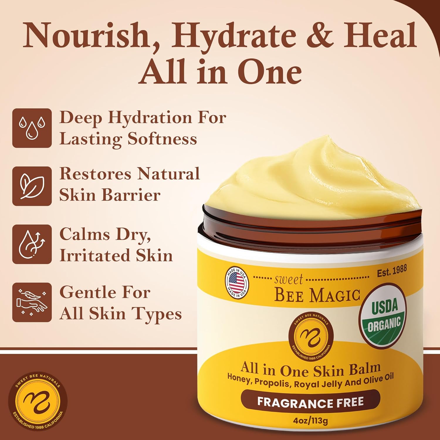 Sweet Bee Naturals - Sweet Bee Magic, All In One Healing Skin Cream. Organic Skin Balm, Small Batch Crafted in USA, 4 Ounce Jar. Certified Organic, 2-4 Ounce Jars (8 Ounce)-FemmiqueWomen