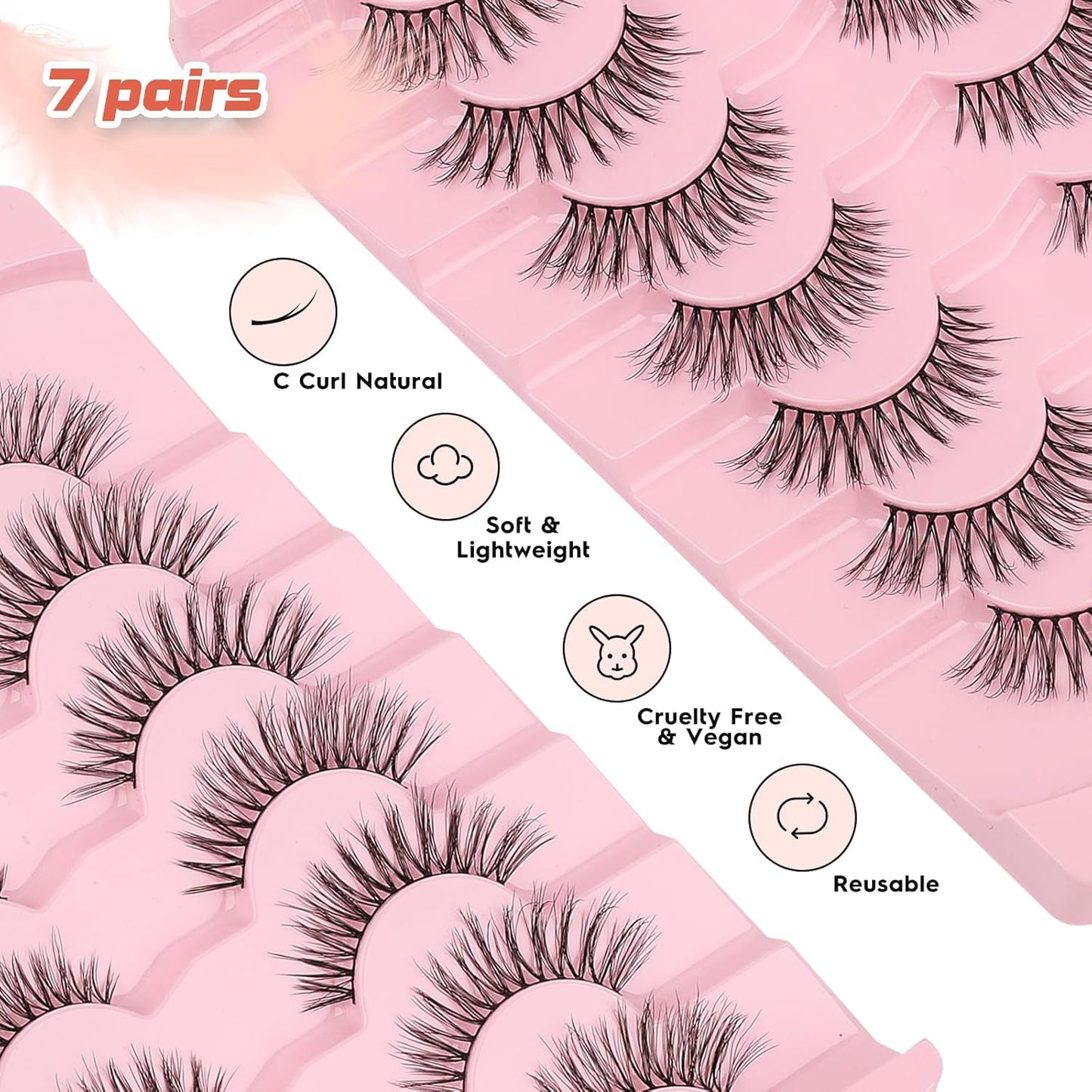 Eyelashes Natural Cat Eye Lashes Wispy C Curl 16mm Strip Lash False Eyelashes Fluffy Eye Lashes 3D Volume Wispy Eyelash Siligli 7 Pair-FemmiqueWomen