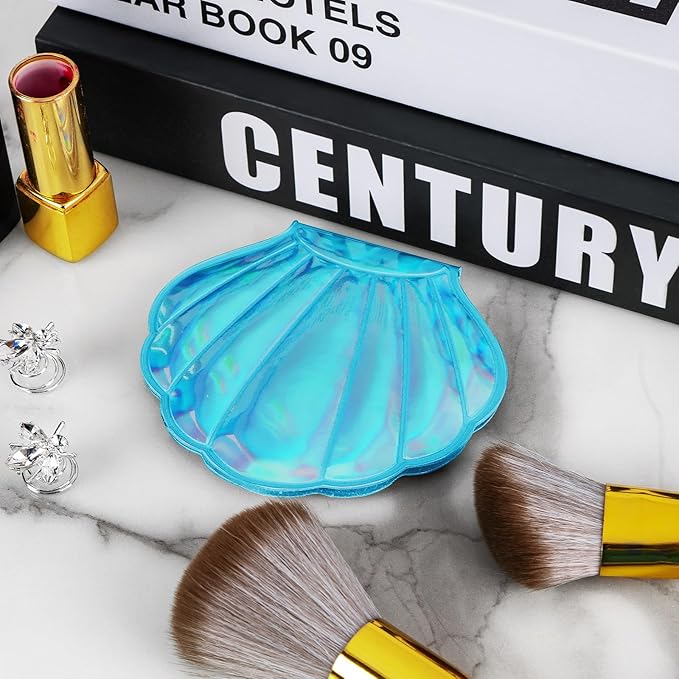 Compact Magnifying Mirror, 2 pcs Seashell Mirrrors with Gift Wrapping, Shell Mirrors Double-Sided Magnification Makeup Mirror for Women Girls (Blue Seashell, Pink Seashell)