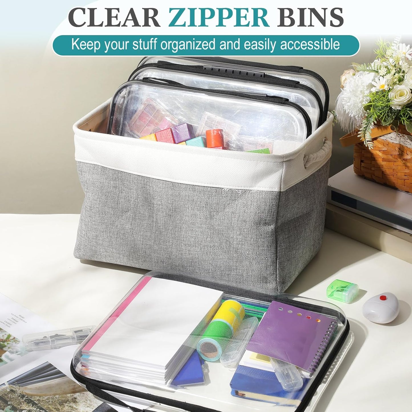 Sanwuta 4 Pcs Clear Hard Zipper Case with Handle Office Storage Cases Hard Plastic Pouches Transparent Bins for Crafts, Pencils, Snacks, Cosmetics, Puzzles(13.8 x 11.8 x 2 Inches,Black)-FemmiqueWomen