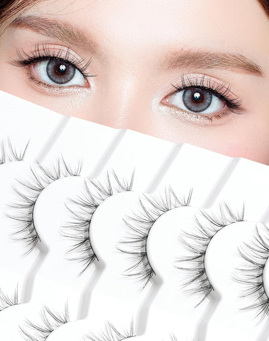False Eyelashes Natural Lashes Wispy 10mm Short Eyelashes Natural Anime Lashes Thin Band Strip Eyelashes Curly False Eye Lashes Pack 7 Pair Siligli Lashes That Looks Like Extensions-FemmiqueWomen