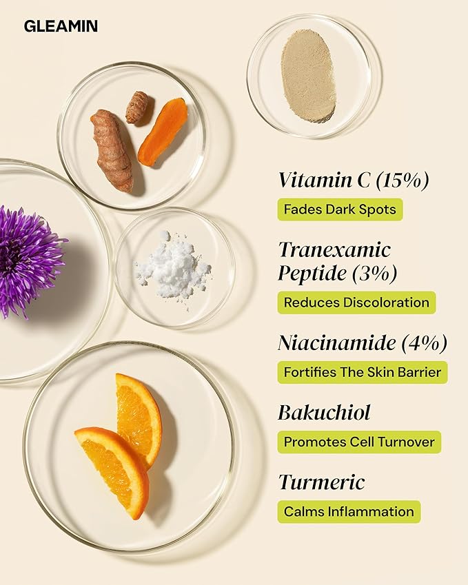 Gleamin Superactive Vitamin C Serum for Face with 15% Vitamin C, Niacinamide, Bakuchiol & Hyaluronic Acid – Skin Brightening Facial Serum for Women & Men – Dark Spot Remover & Radiant Glow – 1 fl oz-FemmiqueWomen