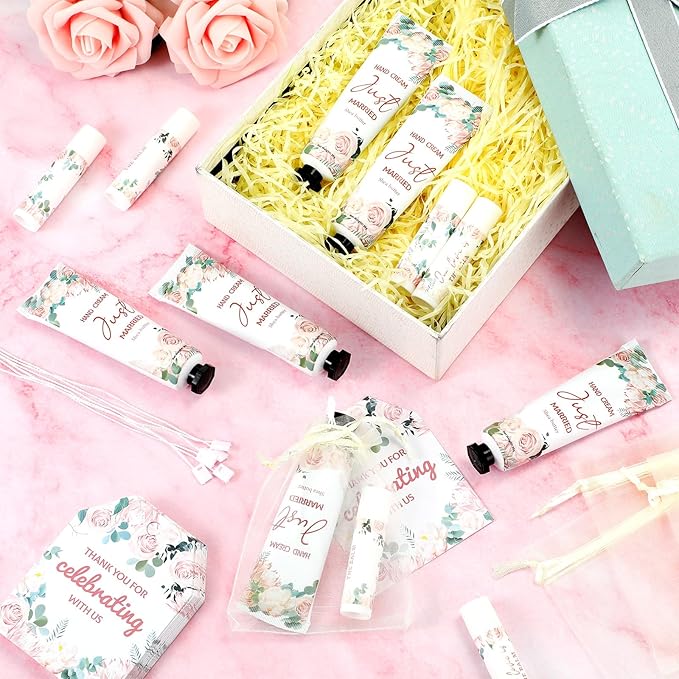 25 Set Wedding Lip Balms and Hand Cream Gift Set Include 25 Moisturizing Hand Care Cream 25 Lip Balms with Thank You Cards and Bags Bridesmaid Gift Set for Bridal Shower Wedding(Floral)-FemmiqueWomen