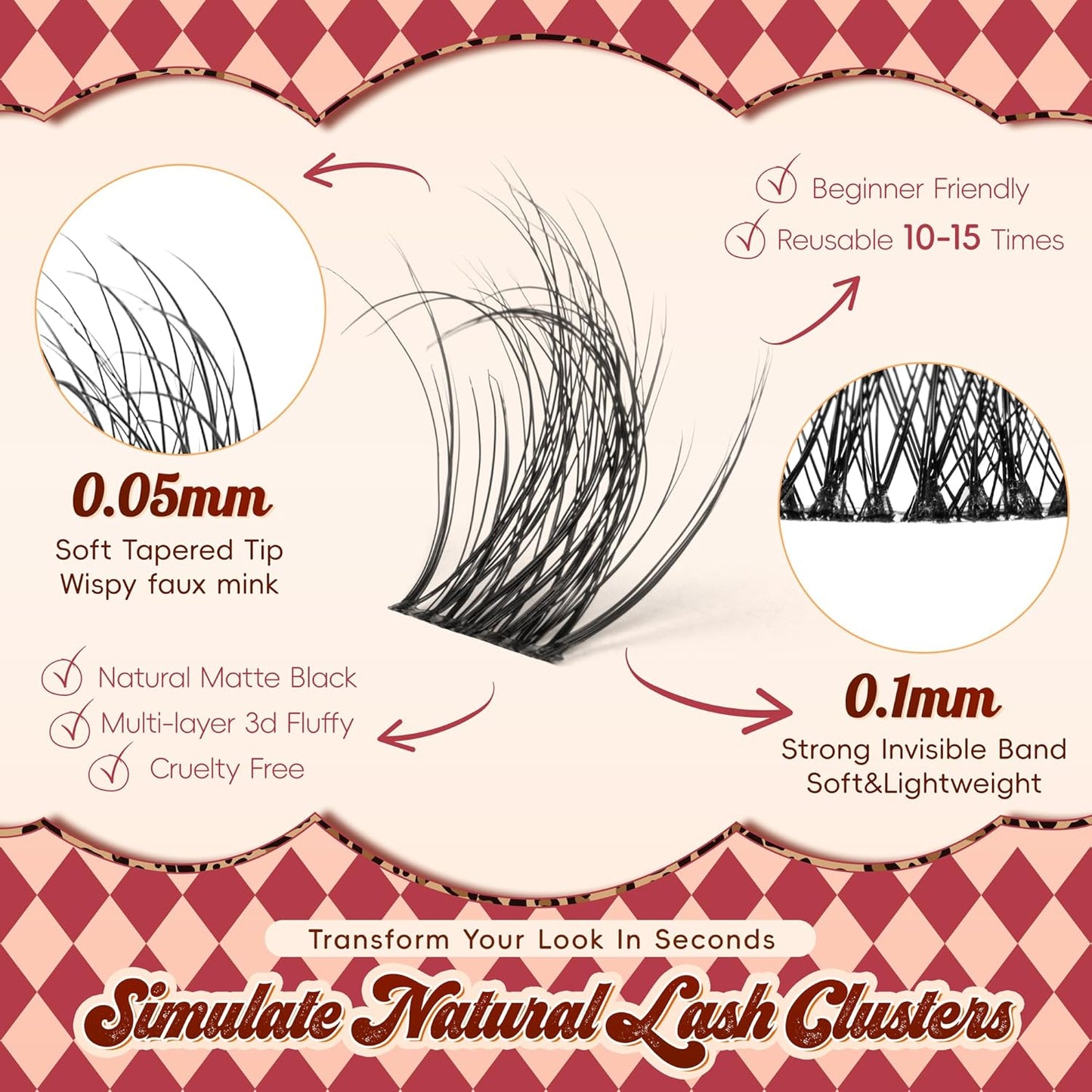 Lash Clusters 0.05mm PBT Fiber Eyelash Clusters, 0.1mm Superfine Invisiband D Curl Diy Lash Extension, 96pcs 8-16mm Individual Like Eyelash Extensions (Velvet-D-8-16Mix)-FemmiqueWomen