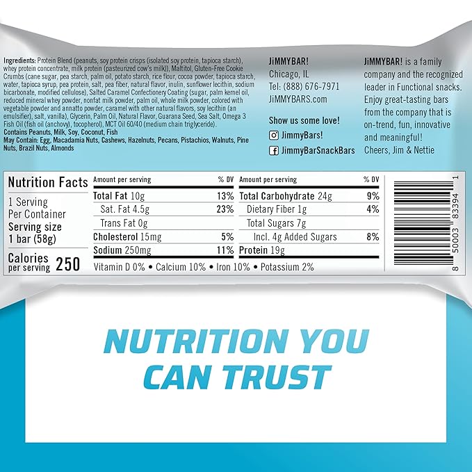 JiMMYBAR! - Sea Salt Caramel Cookies N' Cream - 19g High Protein Bars - 7g Sugar - 12 Count - 58g Health Bars - Natural Peanut Butter Core - Caffeinated Protein Bar For Energy- Hand Drizzled Chocolate-FemmiqueWomen