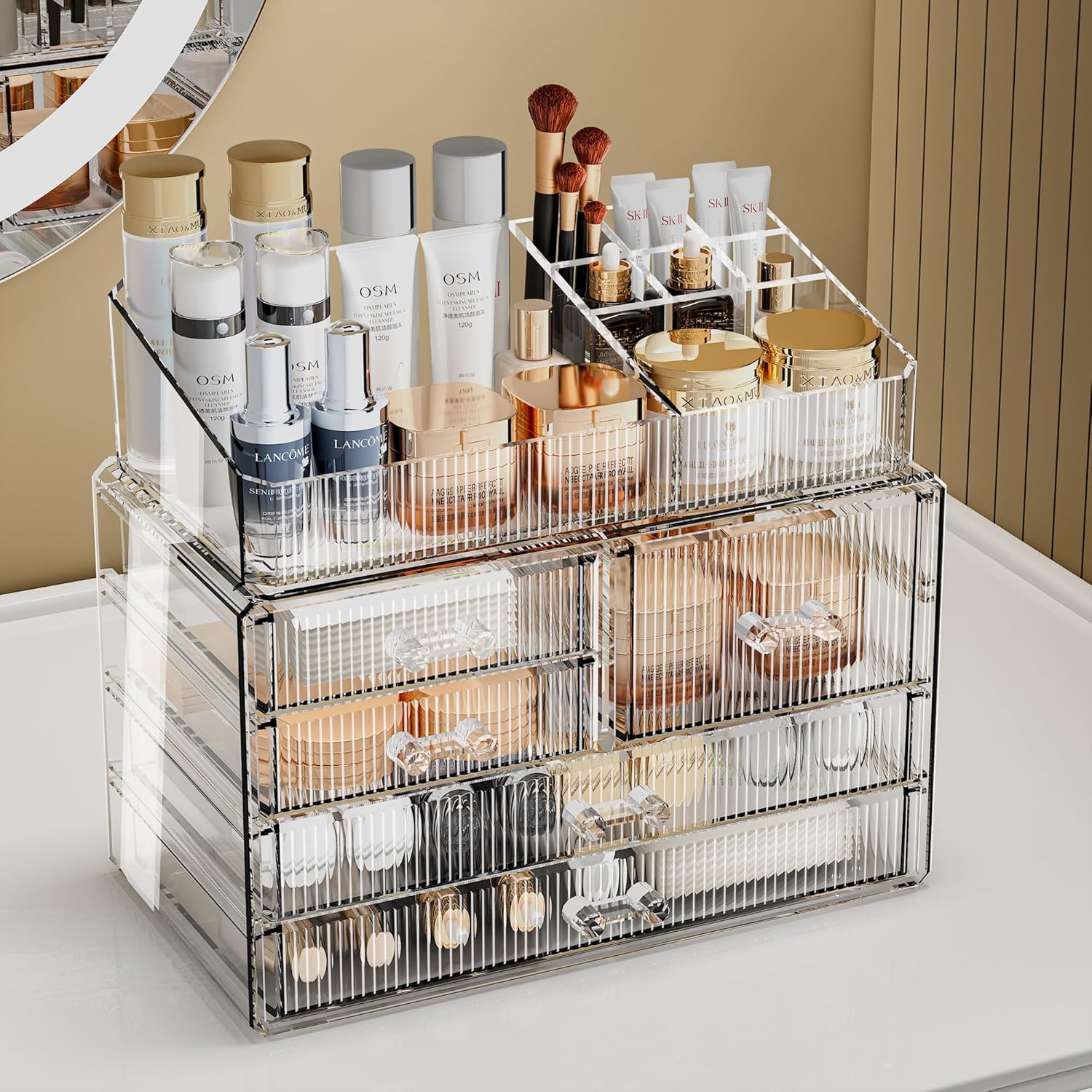 ZHIAI Stackable Storage Drawers, Acrylic Bathroom Counter Organizer Clear Makeup Organizers for Vanity, Kitchen Cabinets, Bathroom, Undersink, Home Organization and Storage (2Top 3 Drawers,)-FemmiqueWomen