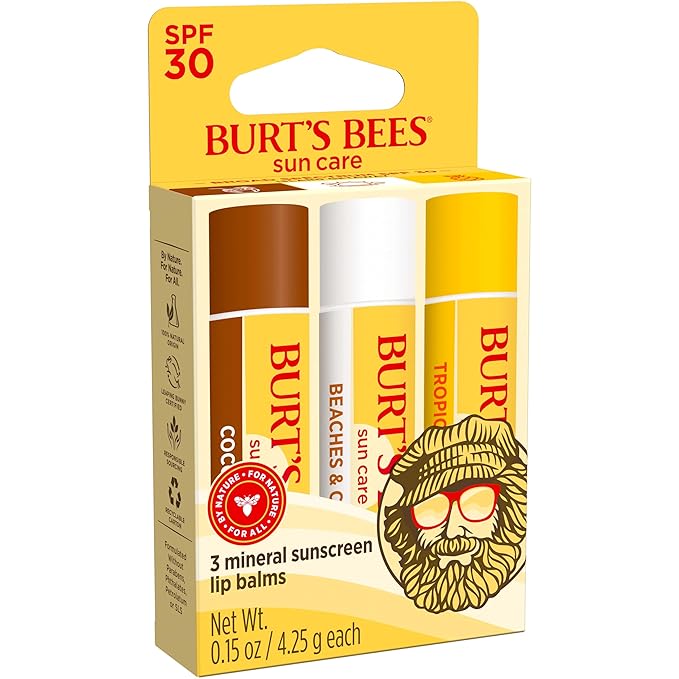 Burt’s Bees SPF 30 Lip Balm Mothers Day Gifts for Mom, Island Getaway - Coco Loco, Beaches & Cream, Tropic Like It's Hot, Water-Resistant Sun Care, Natural Origin Lip Treatment, 3 Tubes, 0.15 oz-FemmiqueWomen
