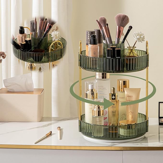 Rotating Makeup Organizer for Vanity, High-Capacity Skincare Clear Make Up Storage Perfume Organizers Cosmetic Dresser Organizer Countertop 360 Spinning (Green, New-2 Tier)-FemmiqueWomen