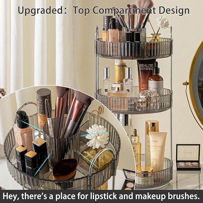 Rotating Makeup Organizer for Vanity, High-Capacity Skincare Clear Make Up Storage Perfume Organizers Cosmetic Dresser Organizer Countertop 360 Spinning (Gray, New-3 Tier)-FemmiqueWomen