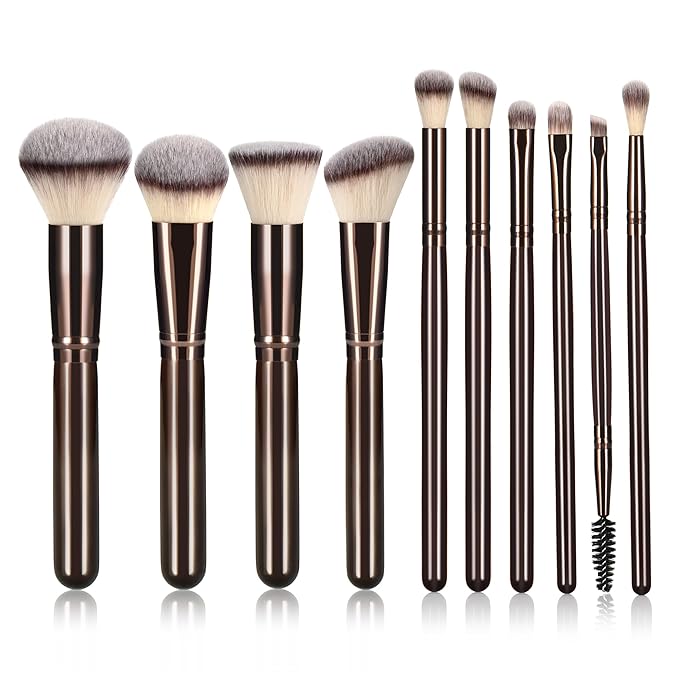 10 Piece Black brown Makeup Brushes - Wooden Handle with Soft Synthetic Bristles,for Face & Eye Makeup|Professional Makeup Brushes set for Women & Girls|-FemmiqueWomen
