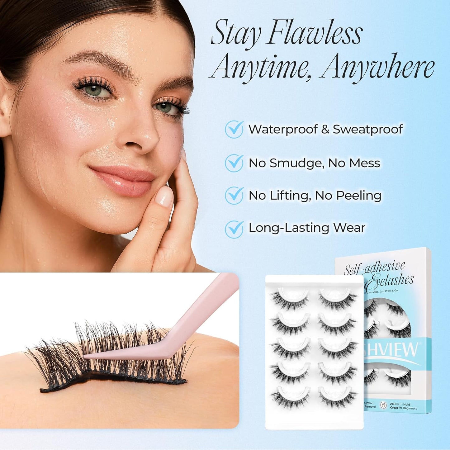LASHVIEW Self Adhesive Eyelashes 5 Pairs Cat Eye Wispy Self-adhesive False Lashes Reusable Natural Look Press On Lashes No Glue Need Eyelashes with Replacement Adhesive Strips (CV105)-FemmiqueWomen