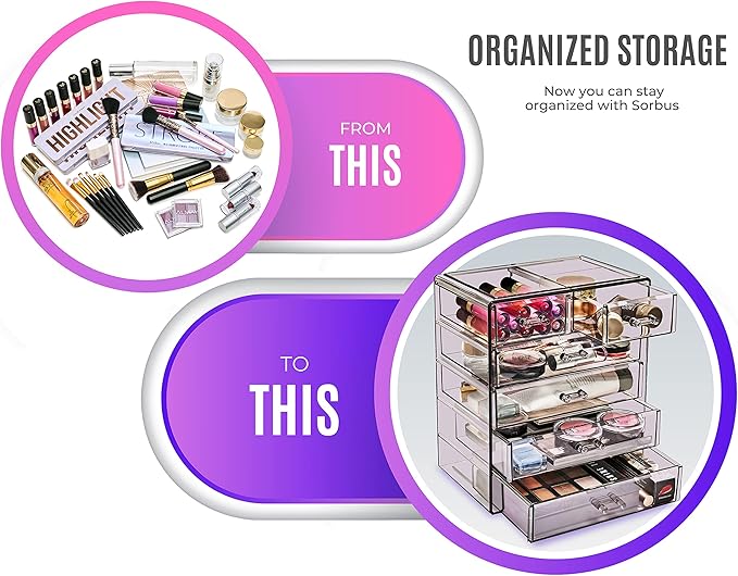 Sorbus Acrylic Makeup Organizer - Organization and Storage Case for Cosmetics Make Up & Jewelry - Big Clear Makeup Organizer for Vanity, Bathroom, College Dorm, Closet, Desk (4 Large, 2 Small Drawers)-FemmiqueWomen
