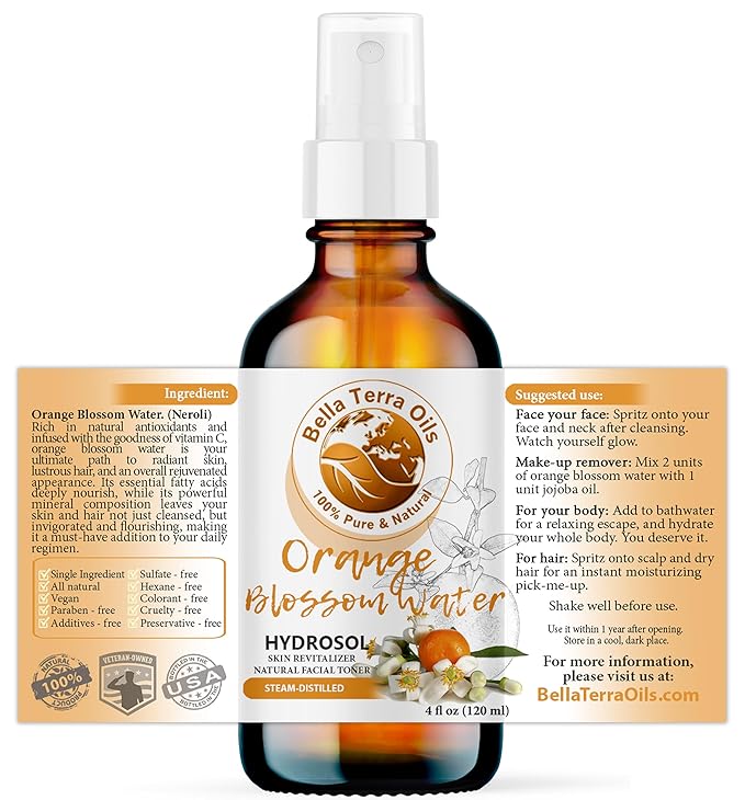 Bella Terra Oils - Organic Neroli Water 4oz - Naturally Distilled Orange Blossom Mist for a Refreshing Glow-FemmiqueWomen
