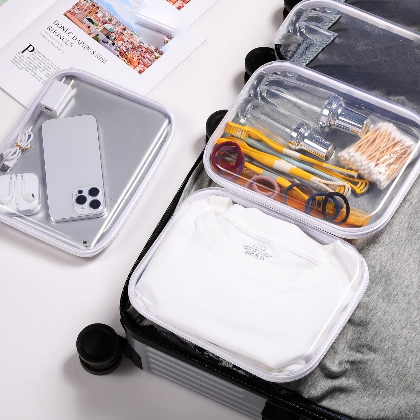 Hoolerry 3 Pcs Clear Hard Zipper Case Plastic Pouch Transparent Hard Case Clear Makeup Bag Portable Travel Organizer Bin for Cosmetics, Building Blocks, Puzzles(White,M)-FemmiqueWomen