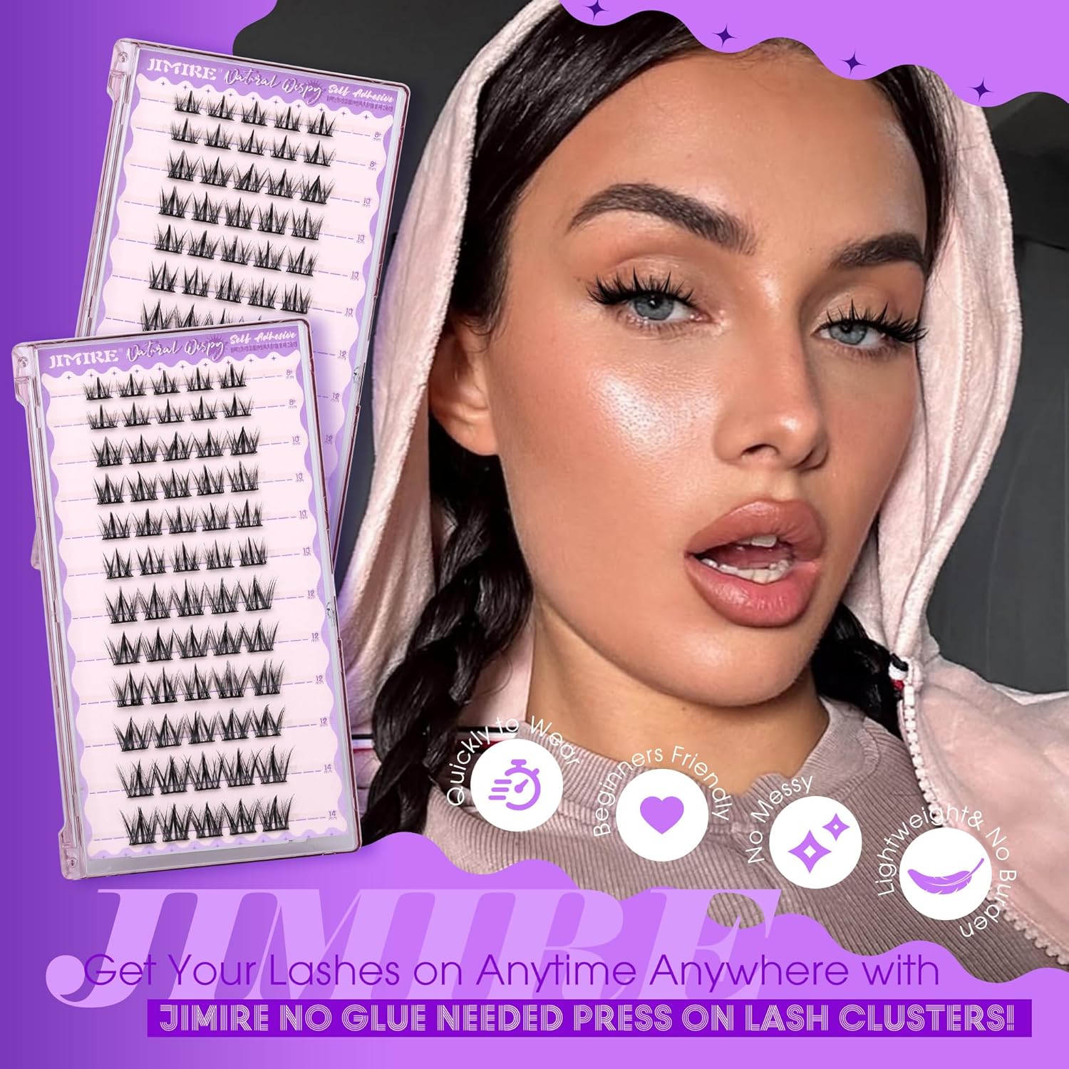 Self Adhesive Eyelashes Manga Lash Clusters Natural Look 8-14MM Wispy Pre Glued Eyelashes Clusters No Glue Needed Press on Lashes Reusable Invisible Band Cluster Eyelash Extensions by JIMIRE-FemmiqueWomen