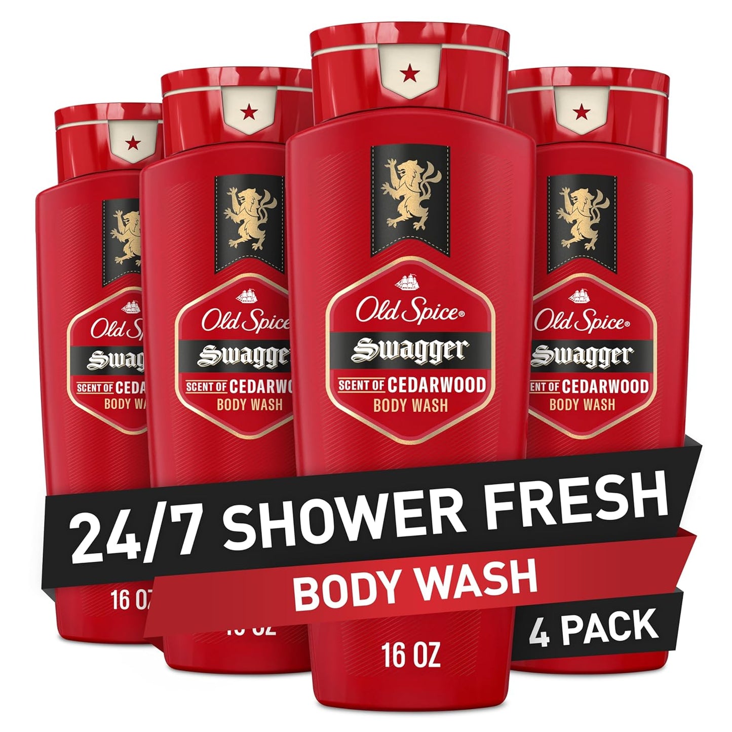 Old Spice Refreshing Body Wash for Men, 3X Defense, 24/7 Shower Fresh with Long Lasting Scent, Red Collection, Swagger with Cedarwood Scent, 16 oz (Pack of 4)-FemmiqueWomen
