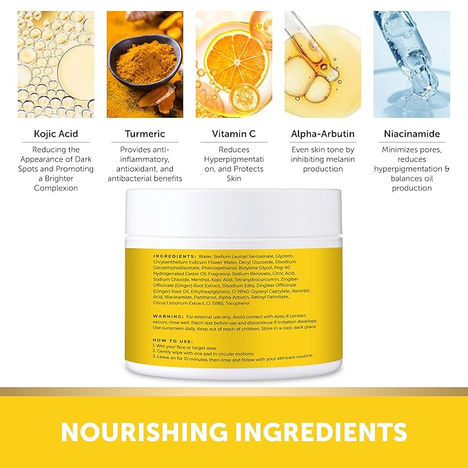 VALITIC Turmeric Kojic Acid Cleansing Pads - Exfoliating Dark Spot Remover for Face with Vitamin C, Alpha Arbutin, Niacinamide and Retinol - Kojic Acid And Turmeric Cleansing Pads - 60 Units-FemmiqueWomen