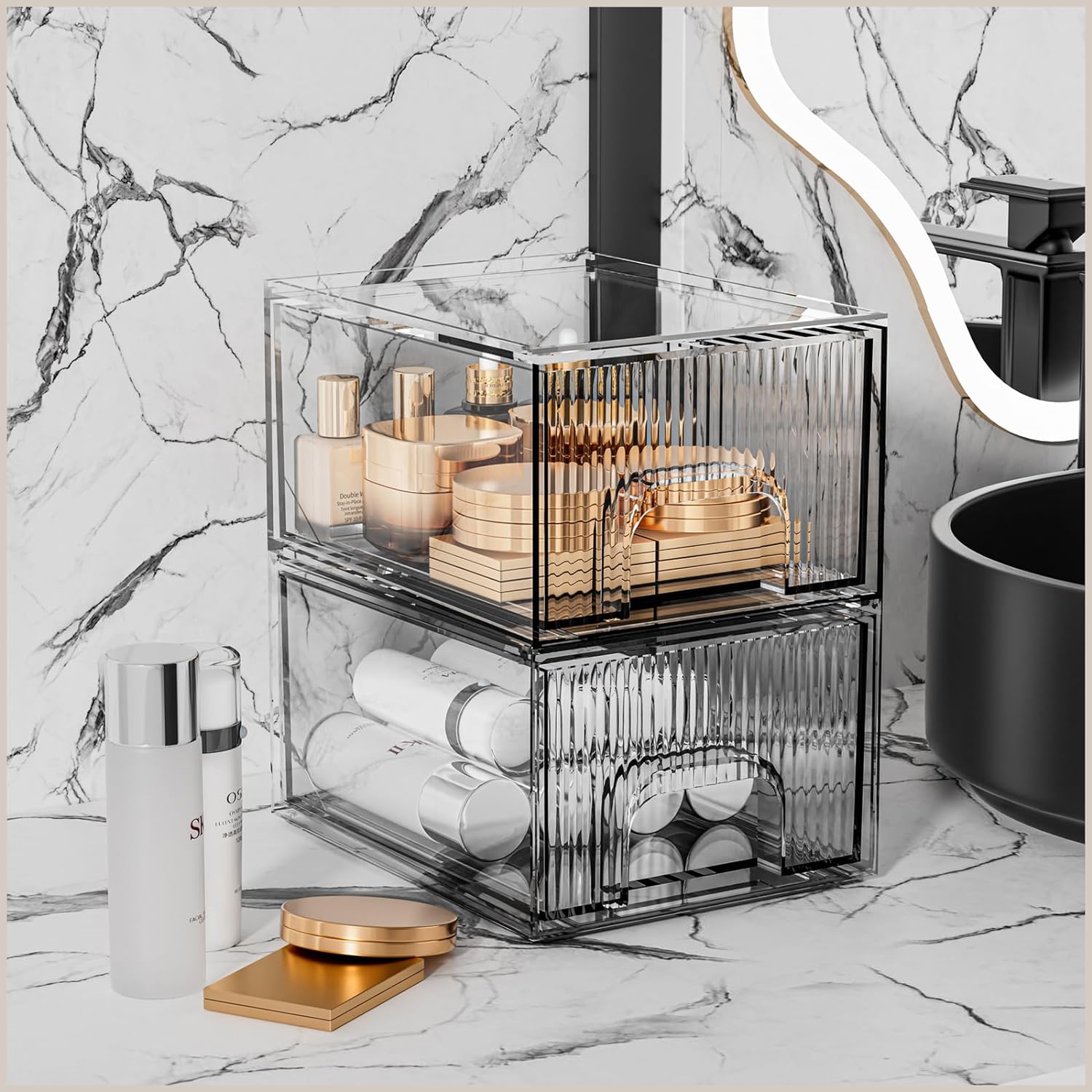 ZHIAI 2 Pack Clear Stackable Cosmetic Organizer, Acrylic Drawer, Plastic Organizer for Dresser, Vanity, Kitchen Cabinet, Pantry, Home Organization and Storage-FemmiqueWomen