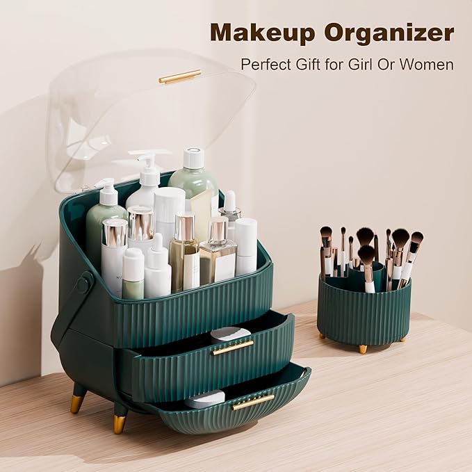 Makeup Organizers and Storage Make up Organizer for Vanity Cosmetics Skincare With Lid and Drawers Display Cases for Countertop Bathroom Women Teenager Girl Gifts(Dark Green+Brush Holder)-FemmiqueWomen
