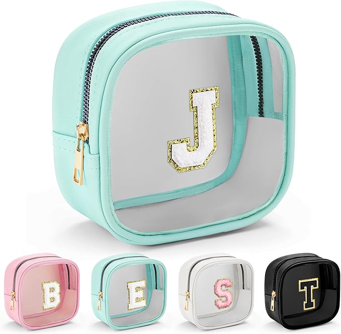 YOOLIFE Initial Make Up Bag Travel Toiletry Bag, Clear Makeup Bag Preppy Cosmetic Bags Small Makeup Bag Travel Essentials Gifts for Women Teen Girlfriend Teacher Mom Birthday Gifts Makeup Pouch Blue J-FemmiqueWomen
