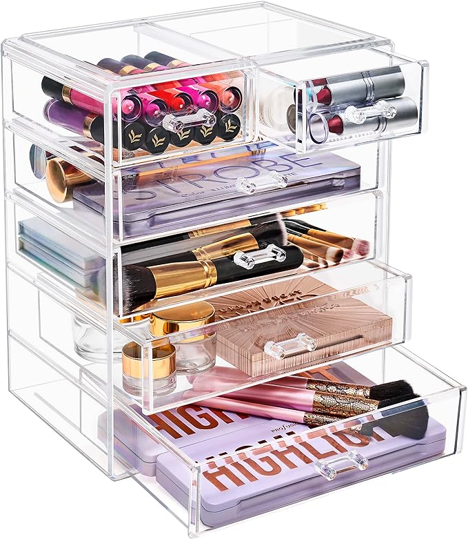 Sorbus Acrylic Makeup Organizer - Organization and Storage Case for Cosmetics Make Up & Jewelry - Big Clear Makeup Organizer for Vanity, Bathroom, College Dorm, Closet, Desk (4 Large, 2 Small Drawers)-FemmiqueWomen