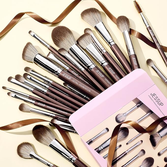 Jessup Makeup Brushes Set Professional 25pcs Premium Synthetic Make up Brushes for Foundation Eyeshadow Blending Concealer Blush Contour Bronzer Eyeliner Eyebrow, Shimmer Brown T511-FemmiqueWomen