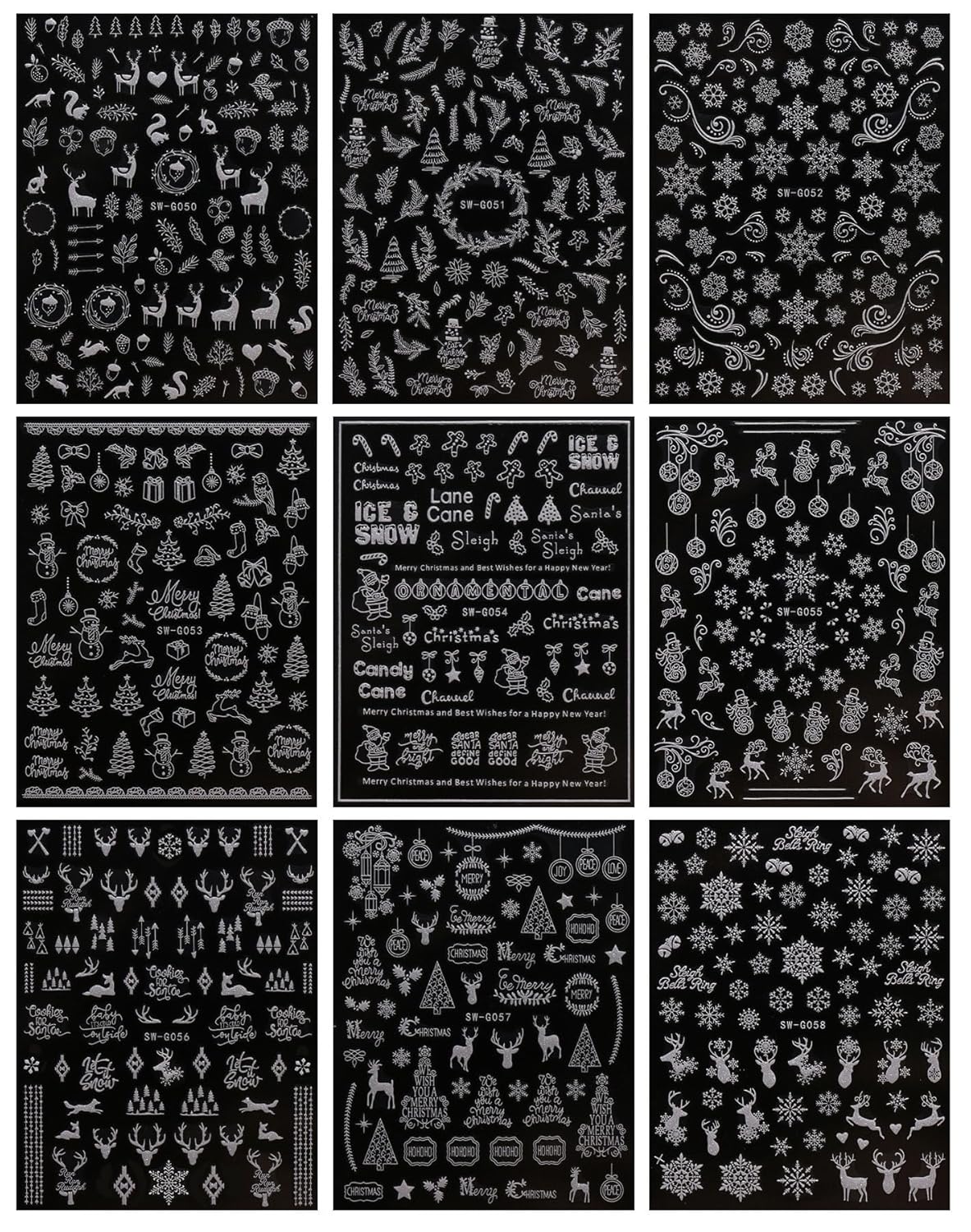 JMEOWIO 9 Sheets Christmas Glitter Nail Art Stickers Decals Self-Adhesive Snowflake Winter Holiday White Nail Supplies Nail Art Design Decoration Accessories-FemmiqueWomen