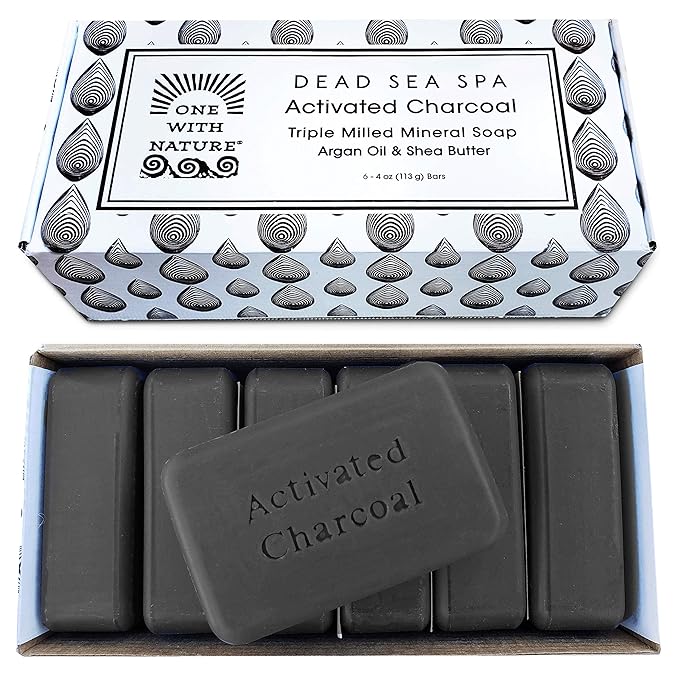 One With Nature Activated Charcoal Soap 4oz 6-Pack Gift Box – Detoxifying and Exfoliating Charcoal Soap Bar with Dead Sea Salt for Face & Body, for Men & Women-FemmiqueWomen