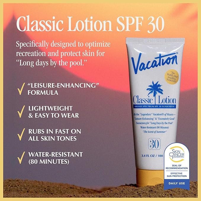 Vacation Classic Sunscreen Lotion SPF 30 & Air Freshener Bundle, Water-Resistant, Lightweight, Transparent on All Skin Tones, Dermatologist-Tested, Vegan, Travel Size, 3.4 Fl. Oz.-FemmiqueWomen