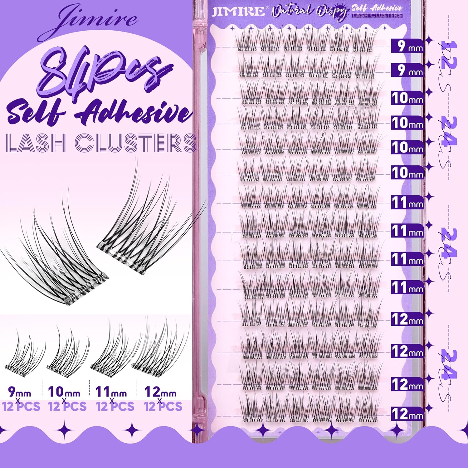 JIMIRE Self Adhesive Eyelashes Wispy Lash Clusters Natural Look 9-12MM Press on Lashes Self Adhesive Lash Clusters No Glue Needed Natural Pre Glued Lashes Clusters Reusable Invisible Band-FemmiqueWomen