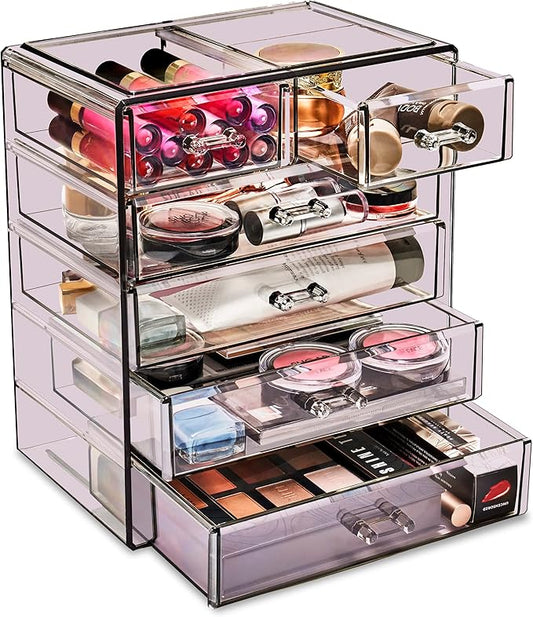 Sorbus Acrylic Makeup Organizer - Organization and Storage Case for Cosmetics Make Up & Jewelry - Big Clear Makeup Organizer for Vanity, Bathroom, College Dorm, Closet, Desk (4 Large, 2 Small Drawers)-FemmiqueWomen